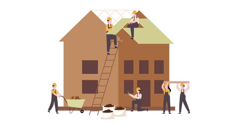 Illustration of builders constructing a home