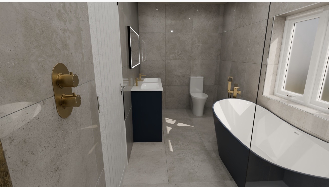 Walk-in shower with gold fittings