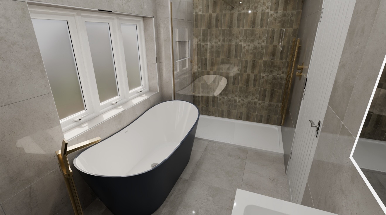 Bathroom with large windows and freestanding bath